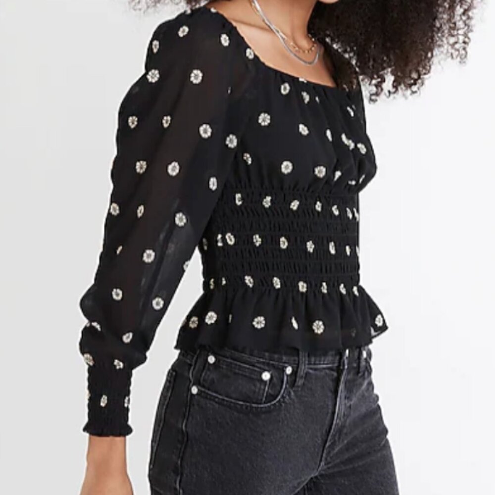 Madewell (Re)sourced Georgette Square-Neck Smock-Waist Top in Bloom Dot